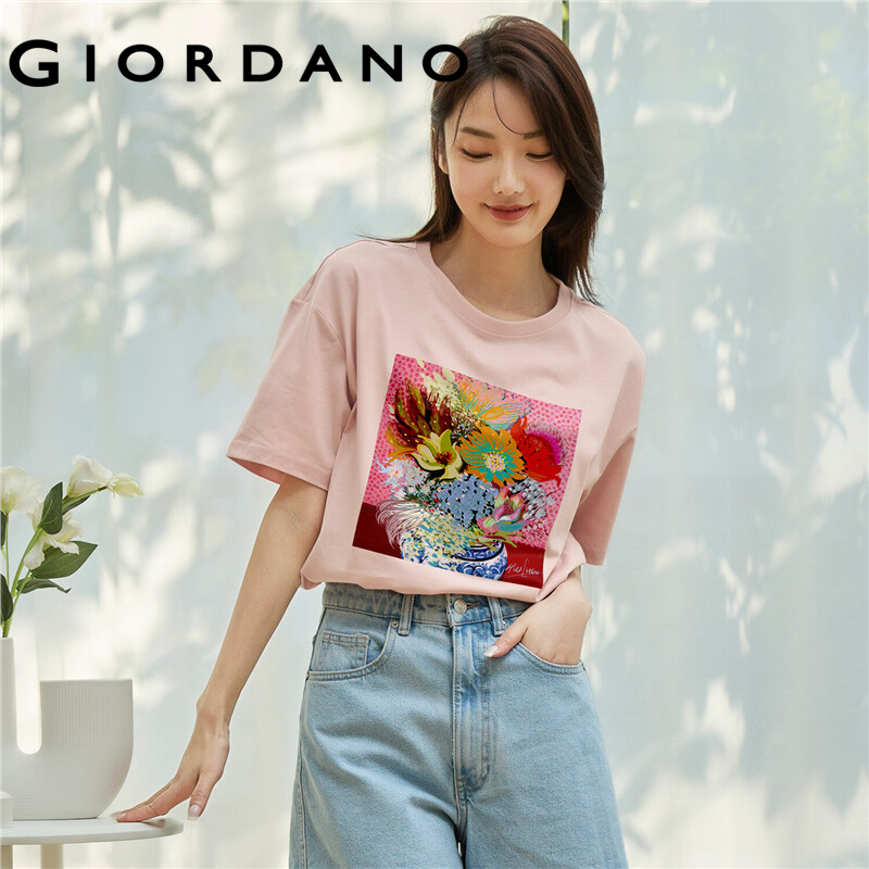 GIORDANO ChenHui Series Women T-Shirts 100% Cotton Printed Graphic T-Shirts Crewneck Simple Basic Summer Comfy T-Shirts 99391179