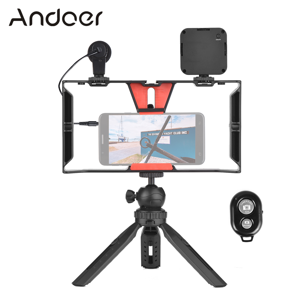 Andoer Smartphone Video Rig Vlog Kit Including Smartphone Cage with Phone Clamp 3 Cold Shoe Mounts + Mini Rechargeable LED Video Light 5600K + Microphone + Desktop Tripod + Remote Shutter for Vlog Vid