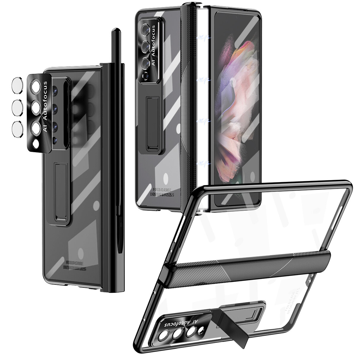 【6 Pack With Free Capacitive Pen】 NINKI Samsung Galaxy Z Fold 4 Case Built-In Tempered Glass Film + Magnetic Hinge Protection with Pen Holder, Adjustable Kickstand Plastic Plating Clear Transparent An