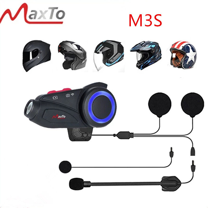 Maxto M3S Motorcycle 1000m Group 6 Riders Bluetooth Helmet Intercom W/WiFi Video Recorder Waterproof 2K 1440P DVR Dash Cam